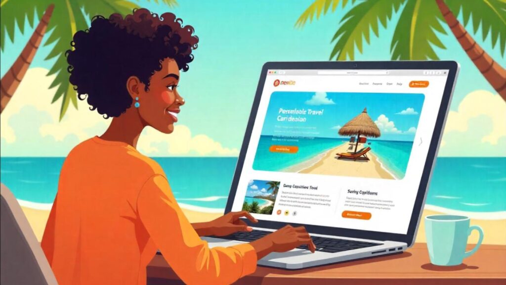 Dynamic Website Content A customer on a beach views dynamic web content matching her interests on a laptop, highlighting the impact of personalization.