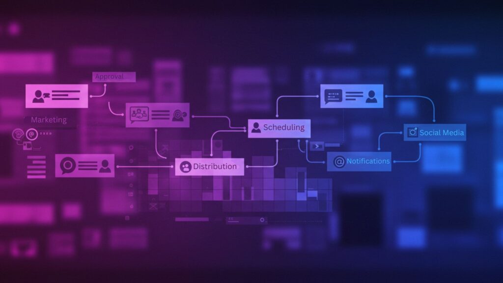 Automating Marketing Asset Distribution A graphic representation of a workflow showing automated marketing asset distribution through a marketing asset management platform.