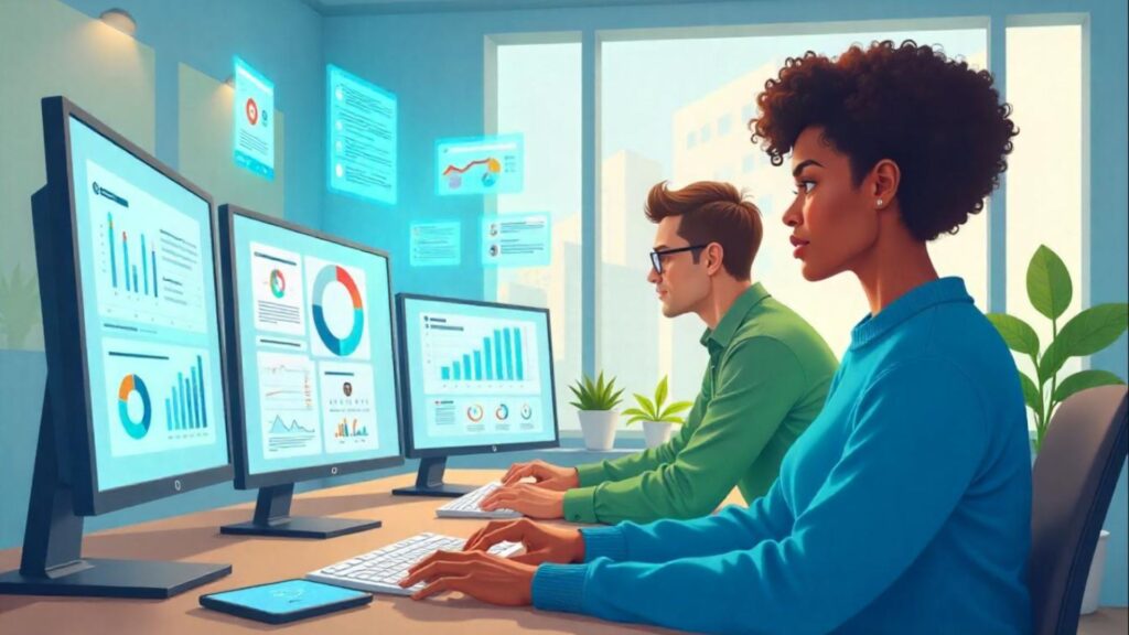 Using Customer Data for Personalized Content Strategies A marketing team analyzing customer data to create AI-driven personalized content marketing campaigns.