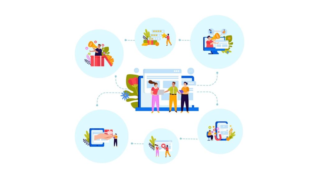 AI-Driven Personalization Across Channels Illustration showing how a personalized content tool delivers AI-driven recommendations on websites, emails, and mobile apps.