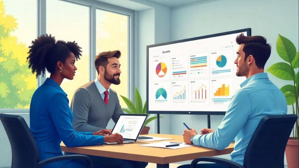 Assessing Digital Asset Management Needs A team evaluating how to choose a digital asset management system with a decision matrix.