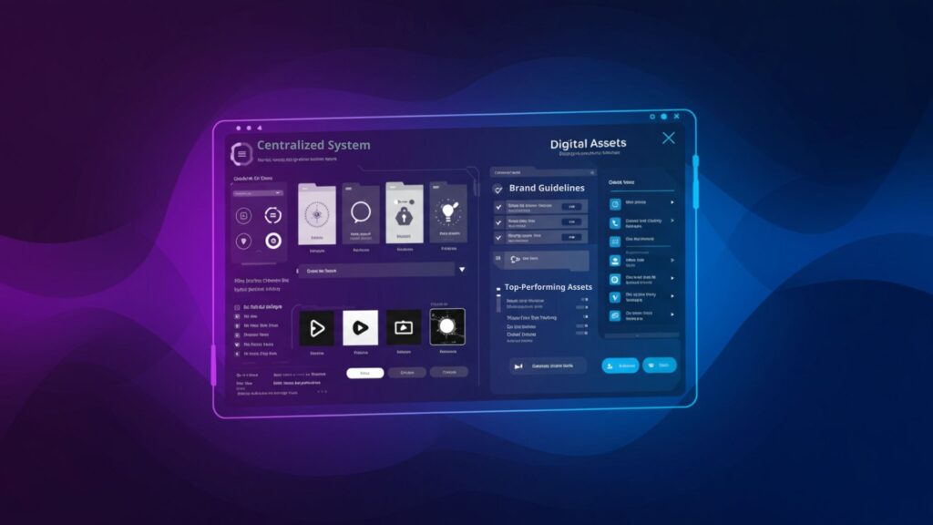 Centralized Enterprise DAM Platform A futuristic dashboard showing a centralized digital asset system with organized files, brand guidelines, and insights into performance.