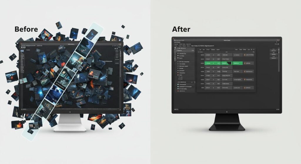From Disorganization to Asset Clarity Before and after view of digital asset management: from disorganized files to a centralized, searchable asset library.