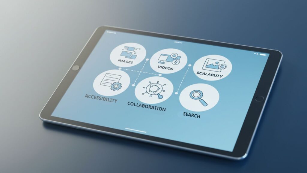 Checklist on a tablet showing the key components to evaluate your organization’s DAM needs.