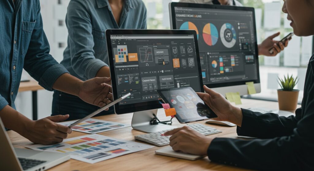Creative Team Collaborating with DAM System Creative team reviewing digital assets on screens, collaborating on marketing content using a DAM system.