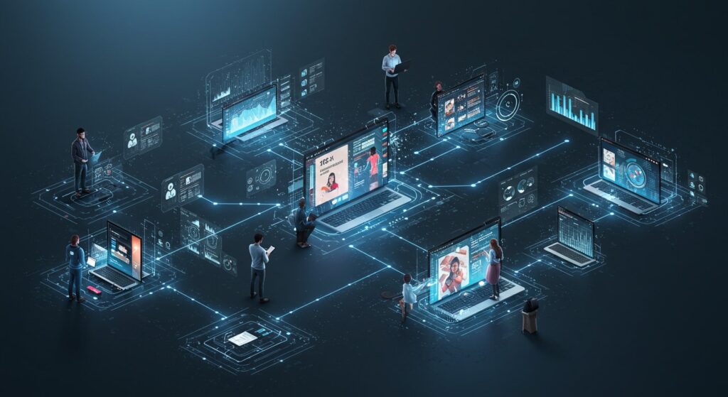 Futuristic content ecosystem where marketing and creative teams collaborate, illustrating a scalable AI-powered content strategy.