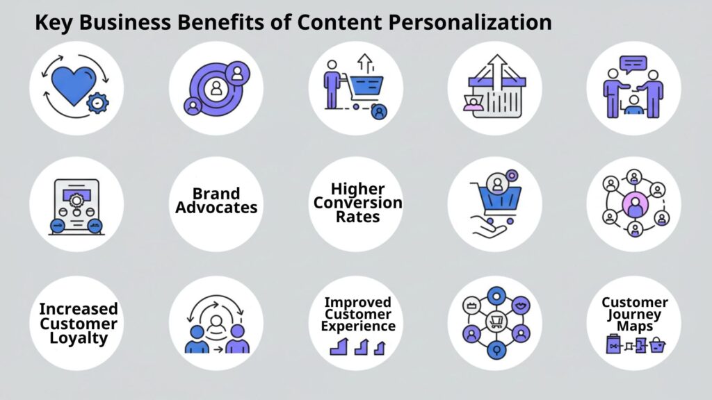 Top Benefits of Website Personalization Infographic showing benefits of website personalization including customer loyalty, conversion rates, and user engagement.