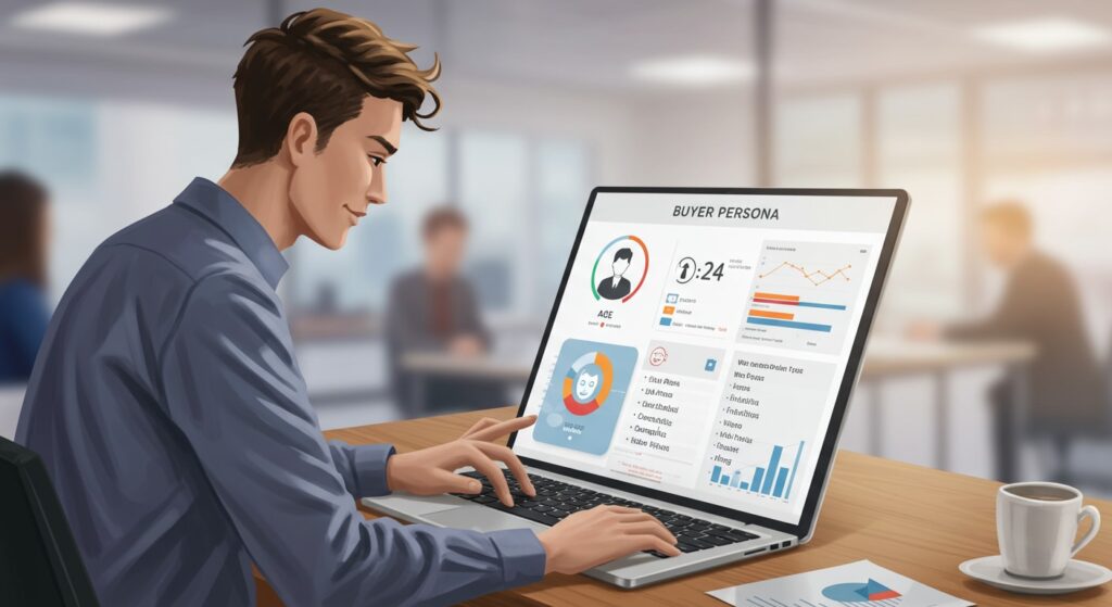 Marketing professional reviewing a dashboard showing basic demographic data used to guide core content development and personalization.