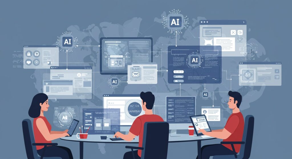 Marketing team using AI-powered tools for efficient content creation and distribution.