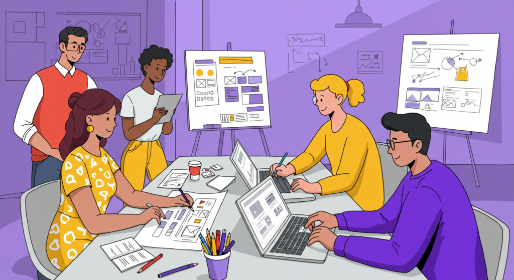 Teams Powered by DAM Insights Marketing team collaborating using DAM insights for creative planning, compliance, and content automation.