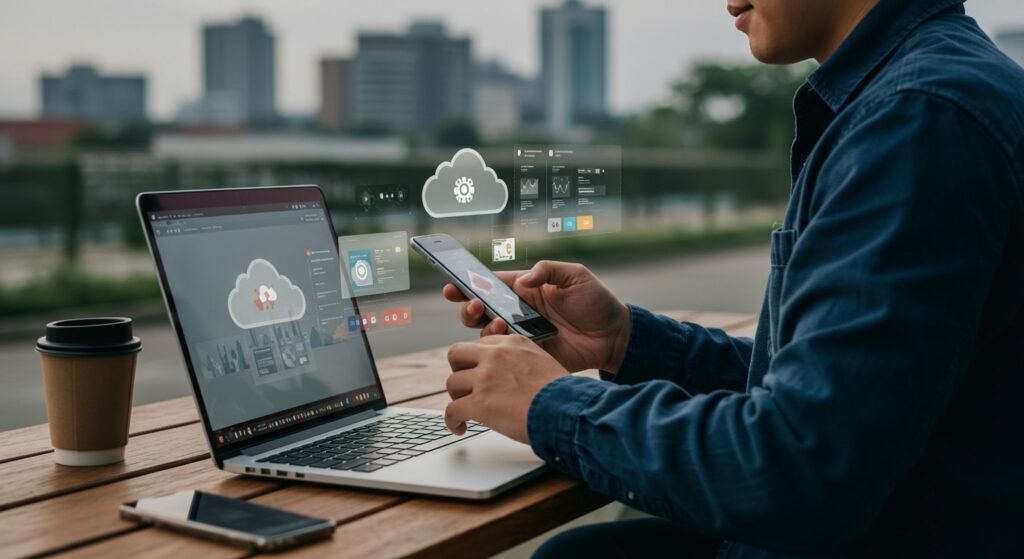 Remote Access to Digital Asset Management System Remote worker accessing digital assets on mobile and laptop through a cloud-based DAM platform.