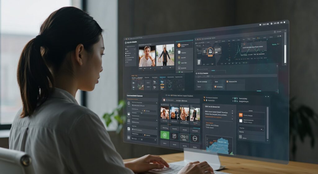 A content creator using a digital dashboard displaying advanced content enrichment features to meet evolving DAM needs