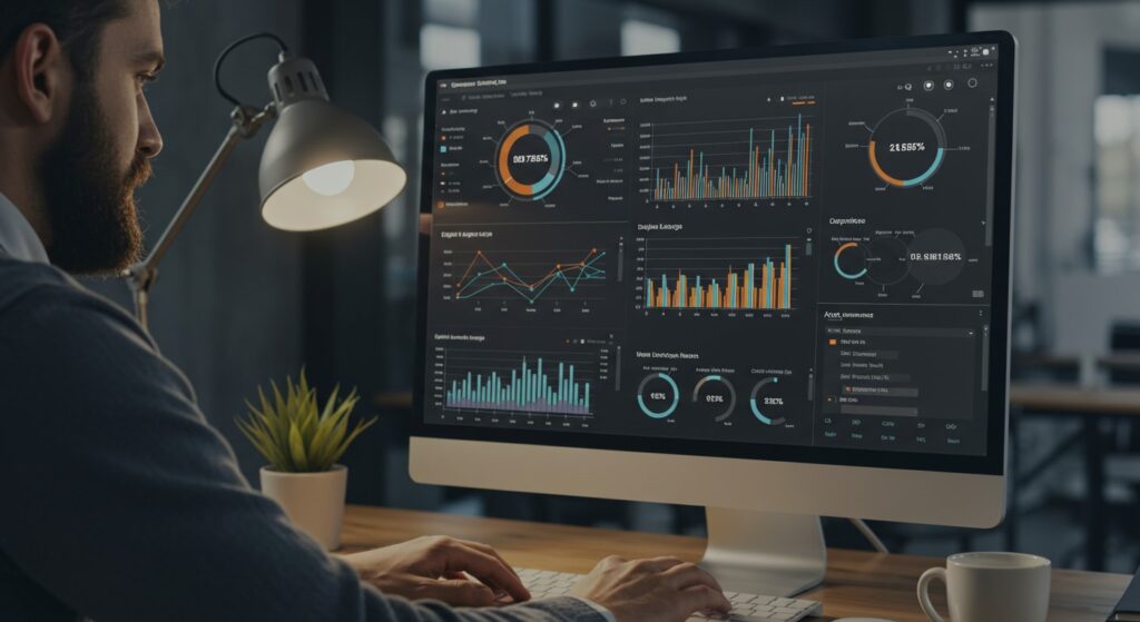 DAM Analytics Dashboard for Asset Performance A professional working with digital asset management software showing usage analytics and content performance insights.