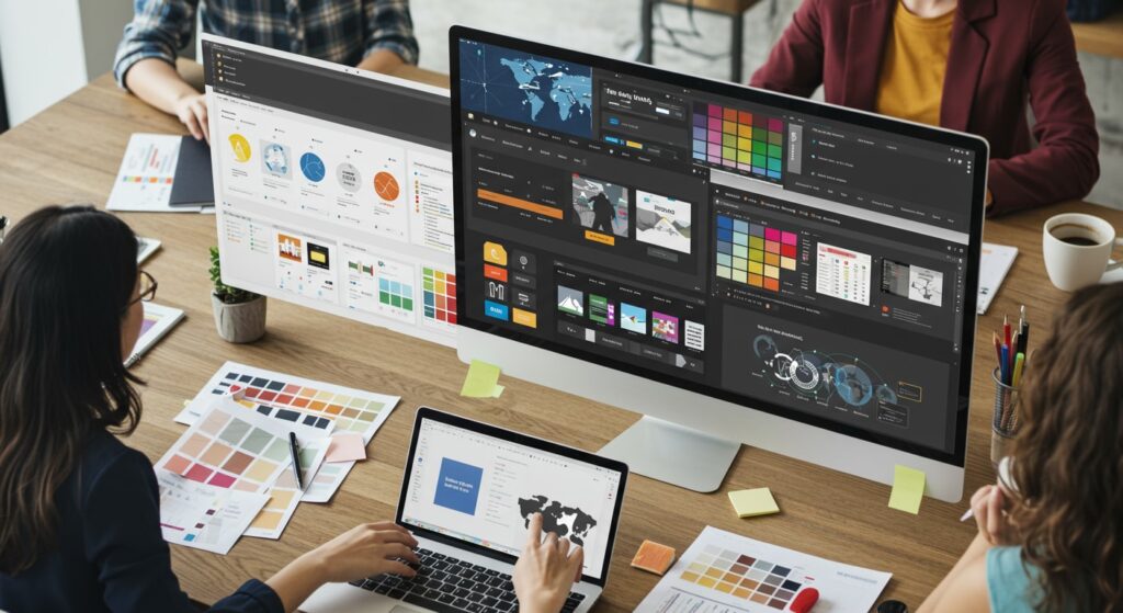 Enforcing Visual Identity Across Global Teams Design team applying standardized brand elements using brand guidelines software interface.
