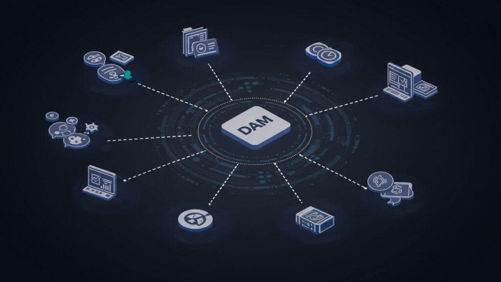DAM Software Integration With Martech Tools Digital asset management software integrated with creative, CMS, and marketing platforms in a visual network diagram.