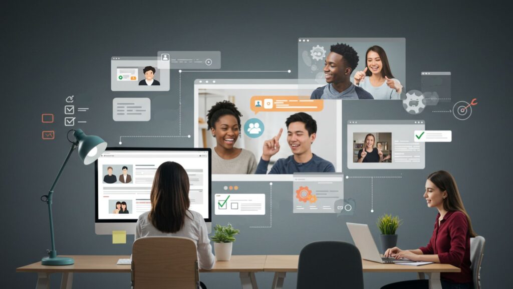 Creative Flow, Strategic Impact Creative team collaborating efficiently with performance dashboards in view, while loyal customers engage with content across screens.