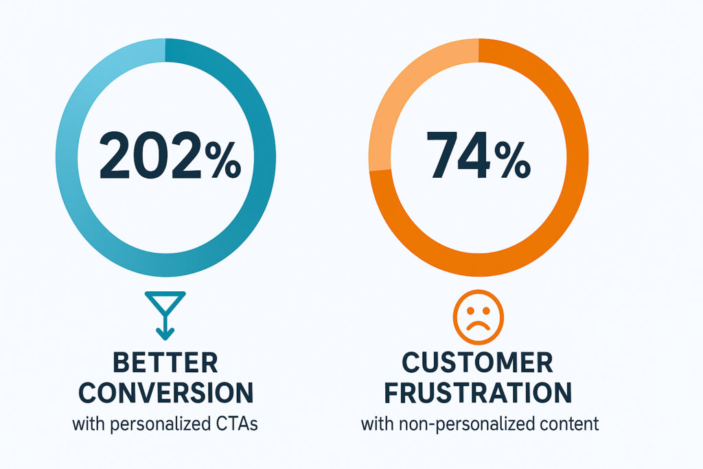 The Impact of Personalization Data visualization showing 202% improved conversion rate with personalized CTAs and 74% customer frustration with non-personalized content