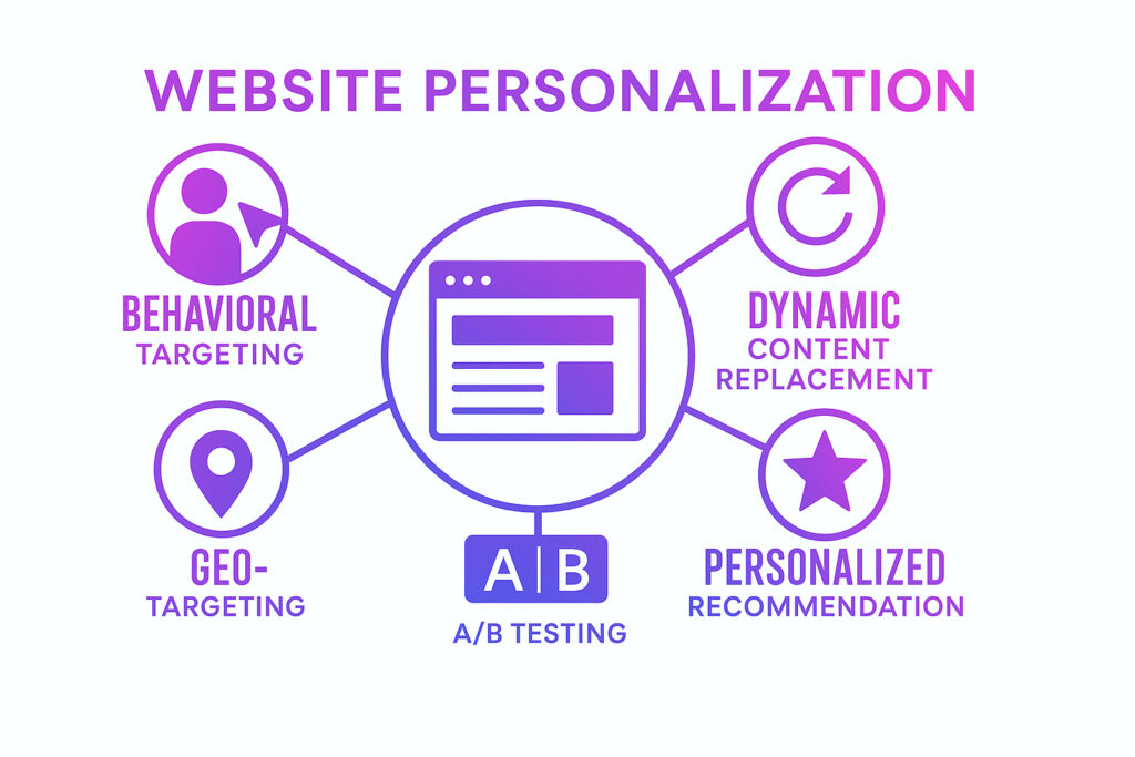 Key Website Personalization Features Illustration of core website personalization features including behavioral targeting, dynamic content, product recommendations, geo-targeting and A/B testing