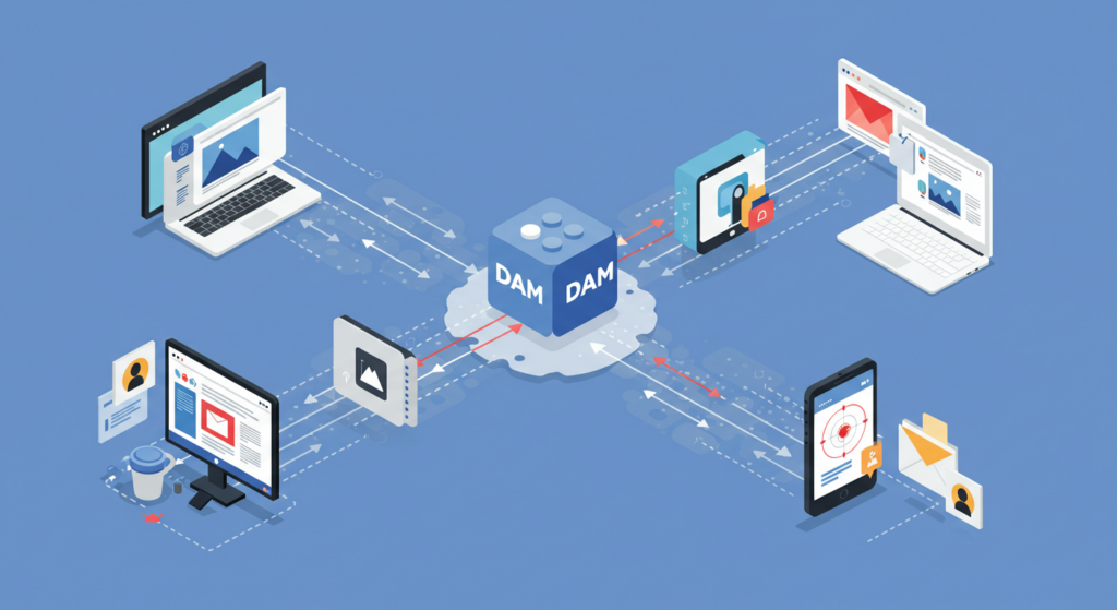 Illustration showing metadata powering personalized content delivery across channels.