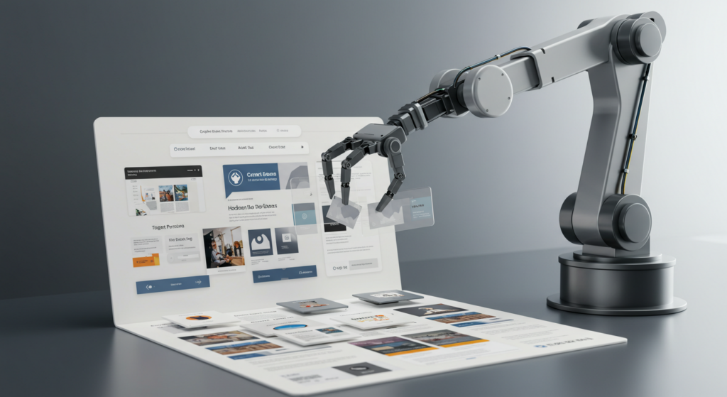 A robotic arm putting together a website, showing how AI assembles modular content blocks for personalized digital marketing experiences.