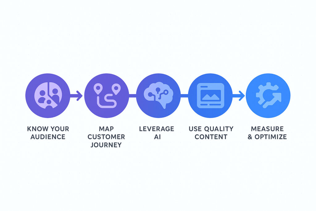 Building Your Personalization Strategy Strategic flowchart showing the five steps of implementing website personalization: audience segmentation, journey mapping, AI implementation, content management, and optimization