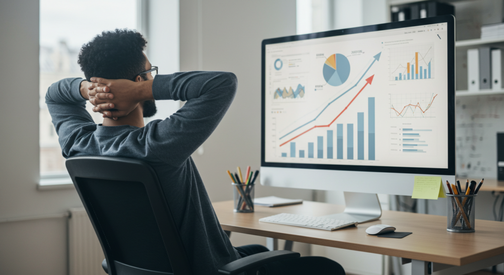 Positive Marketing Strategies A marketer reviewing charts showing positive growth due to website personalization tools that grant precision.