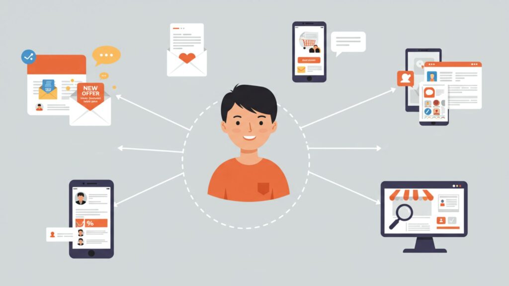 Infographic illustrating how omnichannel personalization delivers consistent content across platforms in digital marketing.