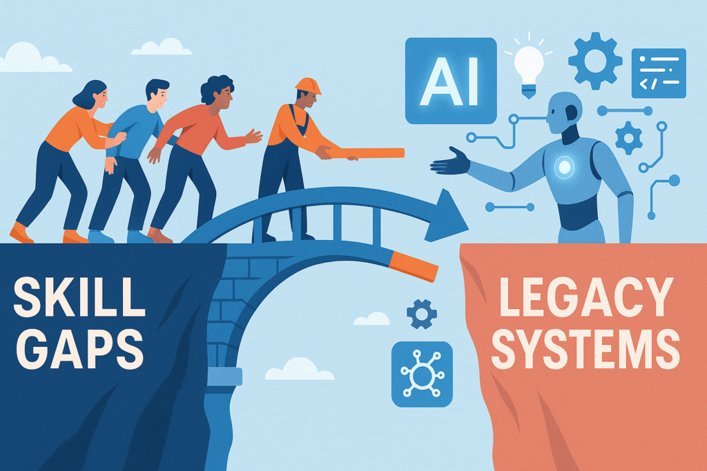 Bridging the AI Adoption Gap Illustrated concept of marketers overcoming challenges in adopting AI for content marketing.