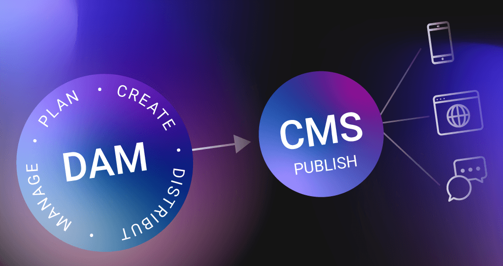 Diagram showing workflow from DAM into CMS to publish content across web, mobile, and messaging platforms.