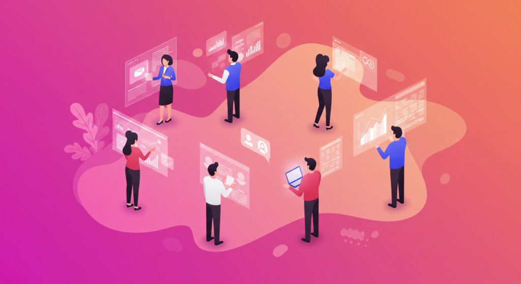 Real-Time Adaptive Content Delivery for B2B Marketing Teams A business team collaborating with real-time adaptive content elements, representing AI-powered personalization.