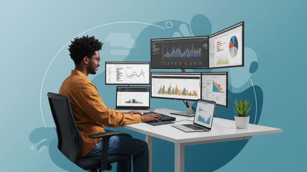 B2B Marketing Professional Using Agentic AI for Content Personalization Professional marketer working with AI-powered content analytics dashboards, demonstrating human-AI collaboration in B2B personalization.
