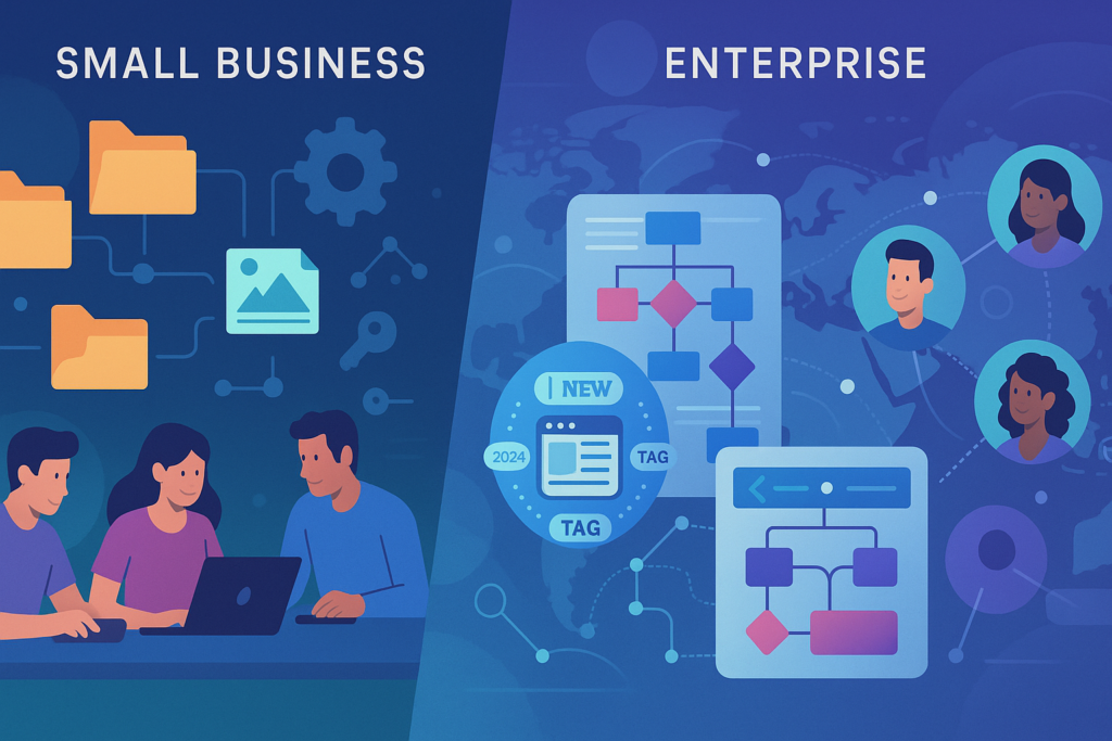 Visual comparison of enterprise DAM needs versus small business DAM needs.