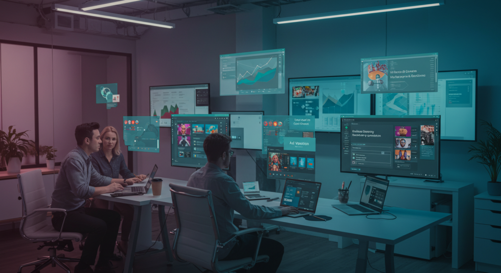 Creative Automation Tools Streamline Content Creation Marketing team using creative automation tools for scalable content production and brand guidelines management.