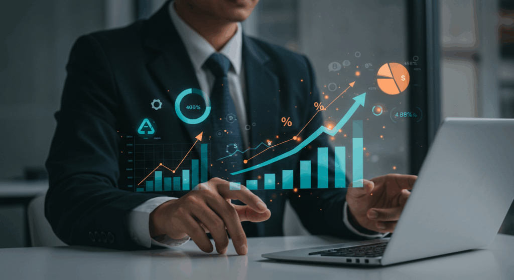 Enterprise DAM ROI Metrics Professional viewing enterprise DAM ROI stats, including productivity metrics, cost savings, and business value indicators.