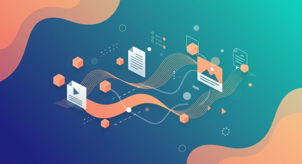 Marketing AI agents orchestrating content workflows with connected digital assets and flowing data paths.