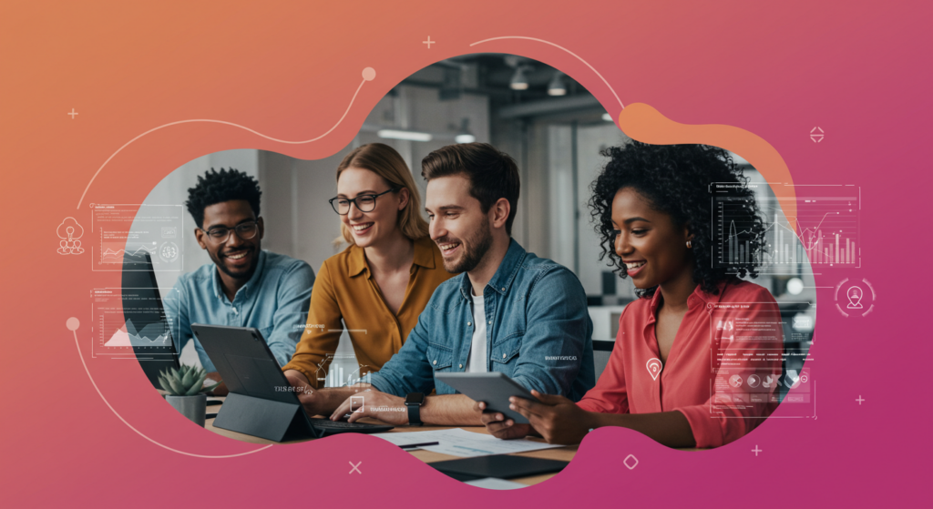 Measurable ROI from AI Agents in Content Operations Marketing team collaborating and reviewing positive ROI results from implementing AI agents in their content operations.