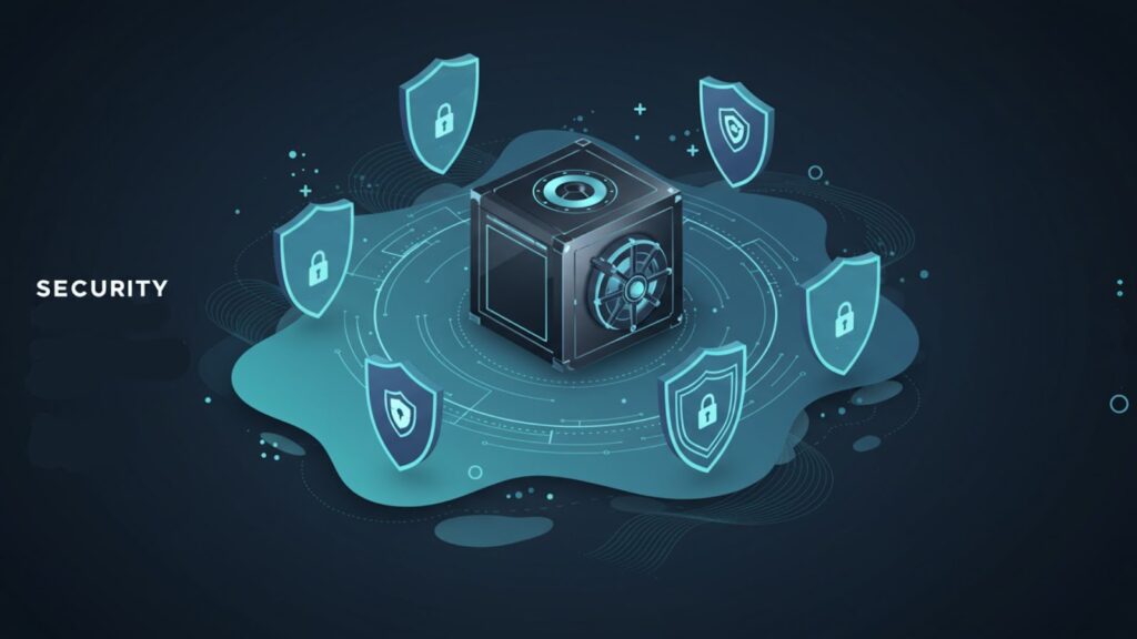 Enterprise DAM Security and Compliance Features Enterprise DAM security visualization with compliance certifications and protected digital assets.
