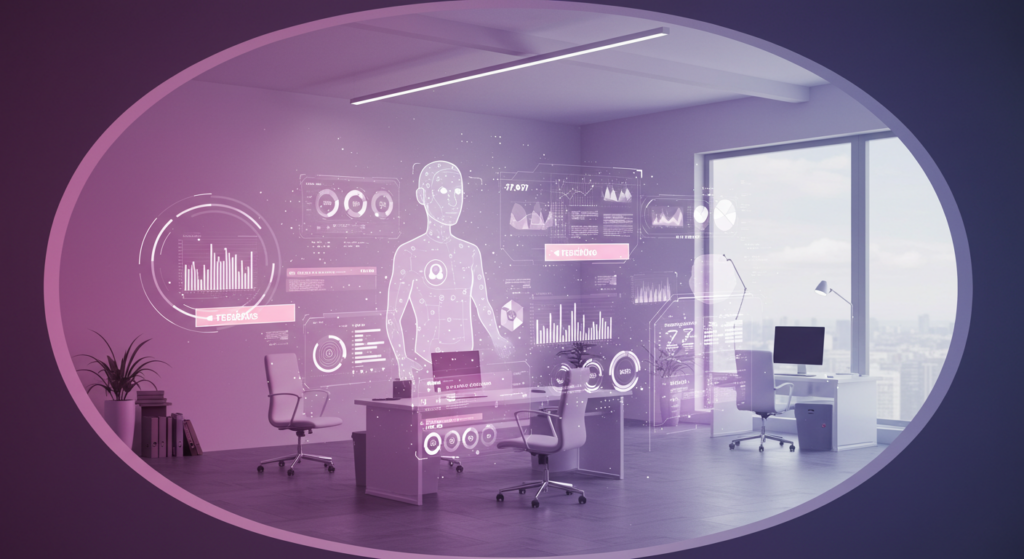 The Future of AI Agents in Marketing Futuristic workspace showing AI agents enhancing marketing content strategy and operations.