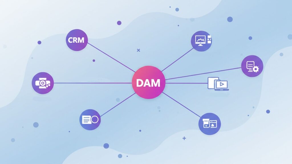 Enterprise Digital Asset Management Integration Ecosystem Enterprise DAM integration ecosystem showing AI-powered connections to CRM, ERP, and marketing tools.