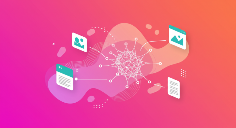 Autonomous AI network connected to various content elements through flowing lines, representing agentic AI content operations.