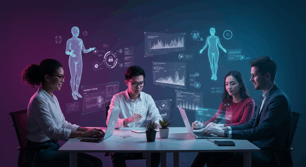 Marketing professionals collaborating with AI agents in futuristic workspace showing content operations workflows.