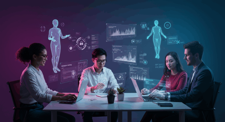 Marketing professionals collaborating with AI agents in futuristic workspace showing content operations workflows.