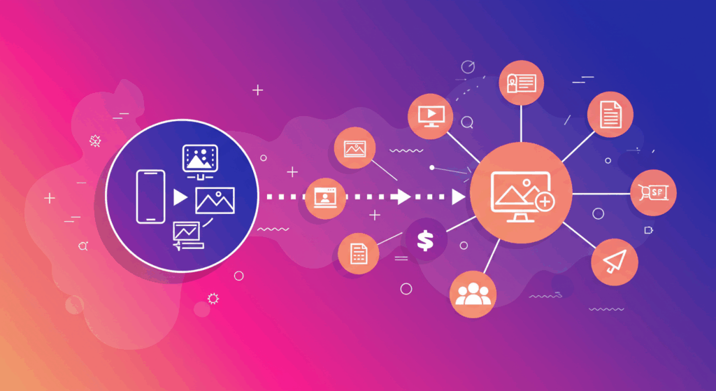 Enterprise digital asset management system connecting content across multiple business channels.