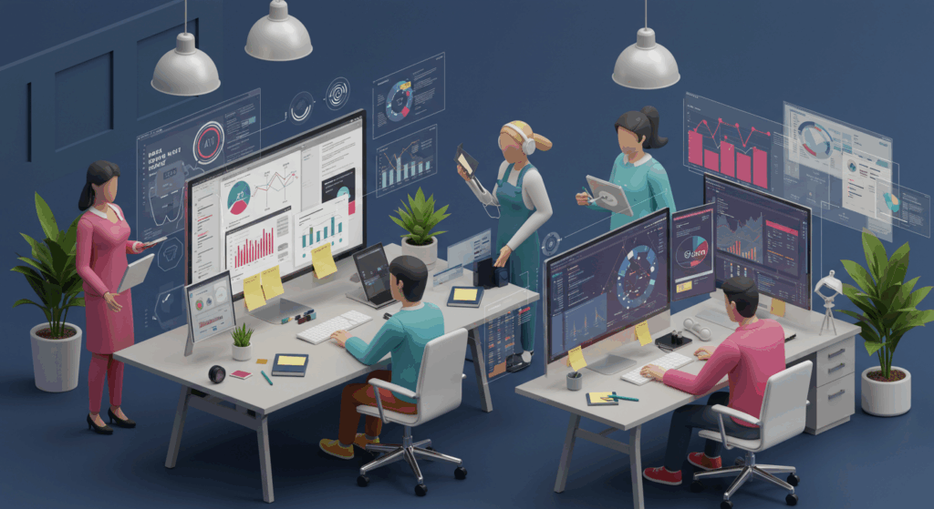 AI Team Collaboration and Workplace Transformation Marketing professionals working with AI-enhanced tools and dashboards showing the future of AI in marketing teams.