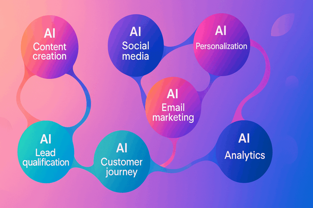 Seven Key AI Agent Applications for Digital Marketing Seven interconnected spheres representing AI agent applications in digital marketing with flowing data connections.