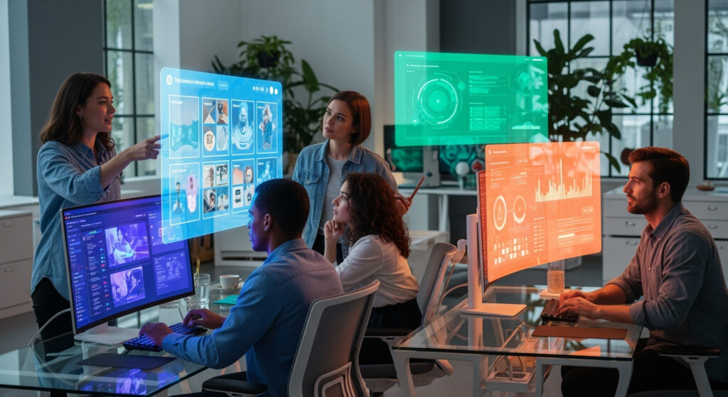 Diverse creative team collaborating with AI-powered digital asset management tools in a modern workspace showing the future of human-AI content operations