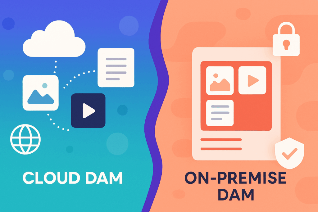 Comparison between cloud-based and on-premise DAM deployment options showing scalability versus control trade-offs