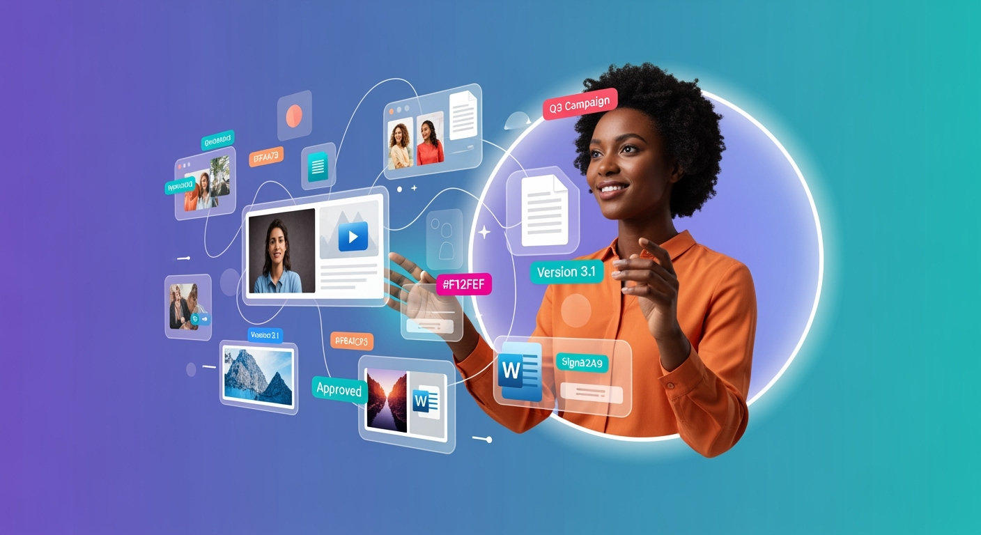 Woman looking at icons simulating an ai digital asset management platform