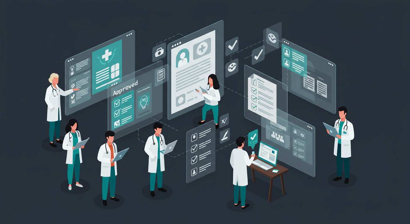 Healthcare professionals using digital asset management for regulatory compliance and content approval workflows.