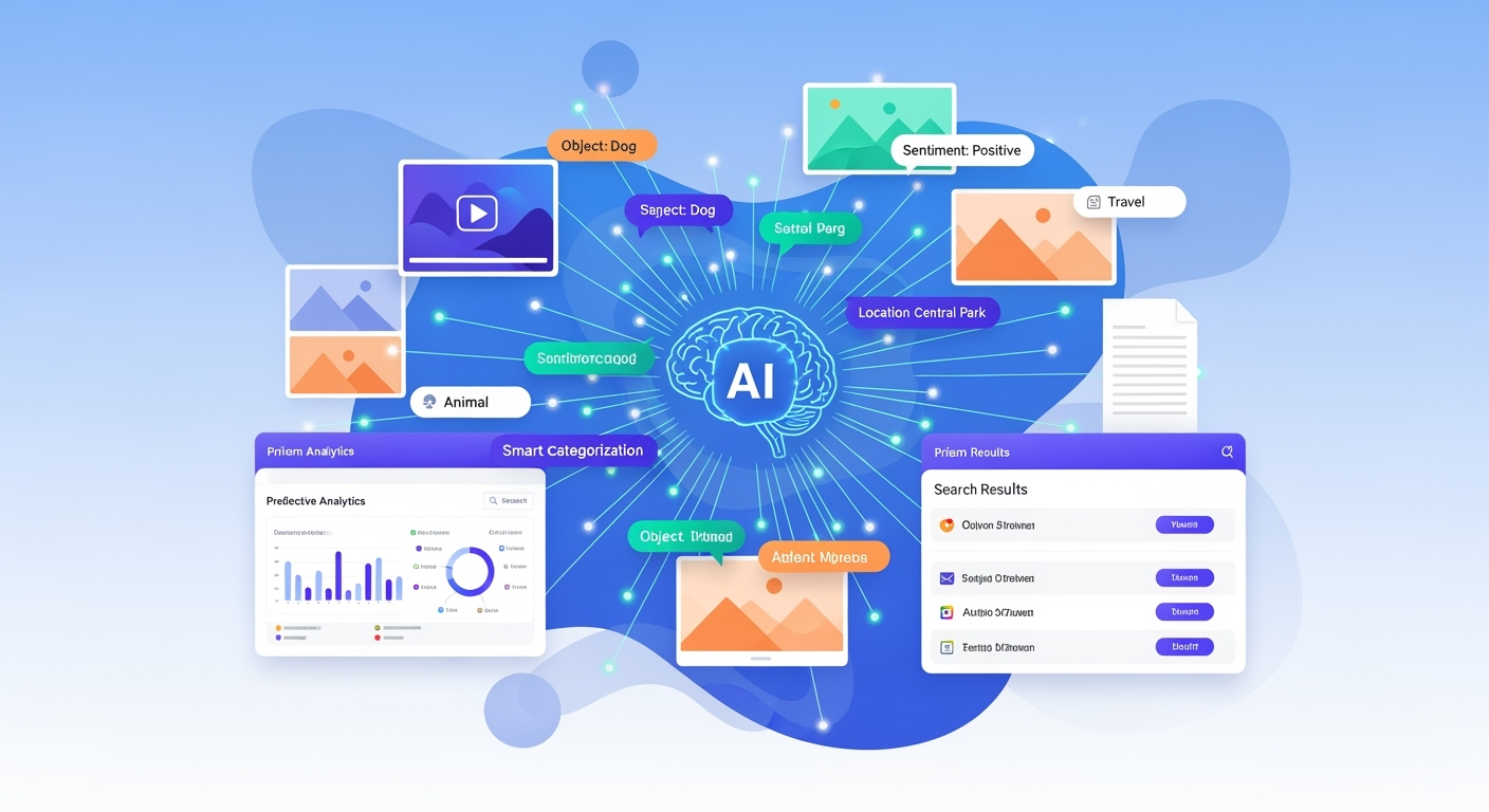 AI-powered DAM system automatically generating metadata and smart tags for digital assets with machine learning capabilities